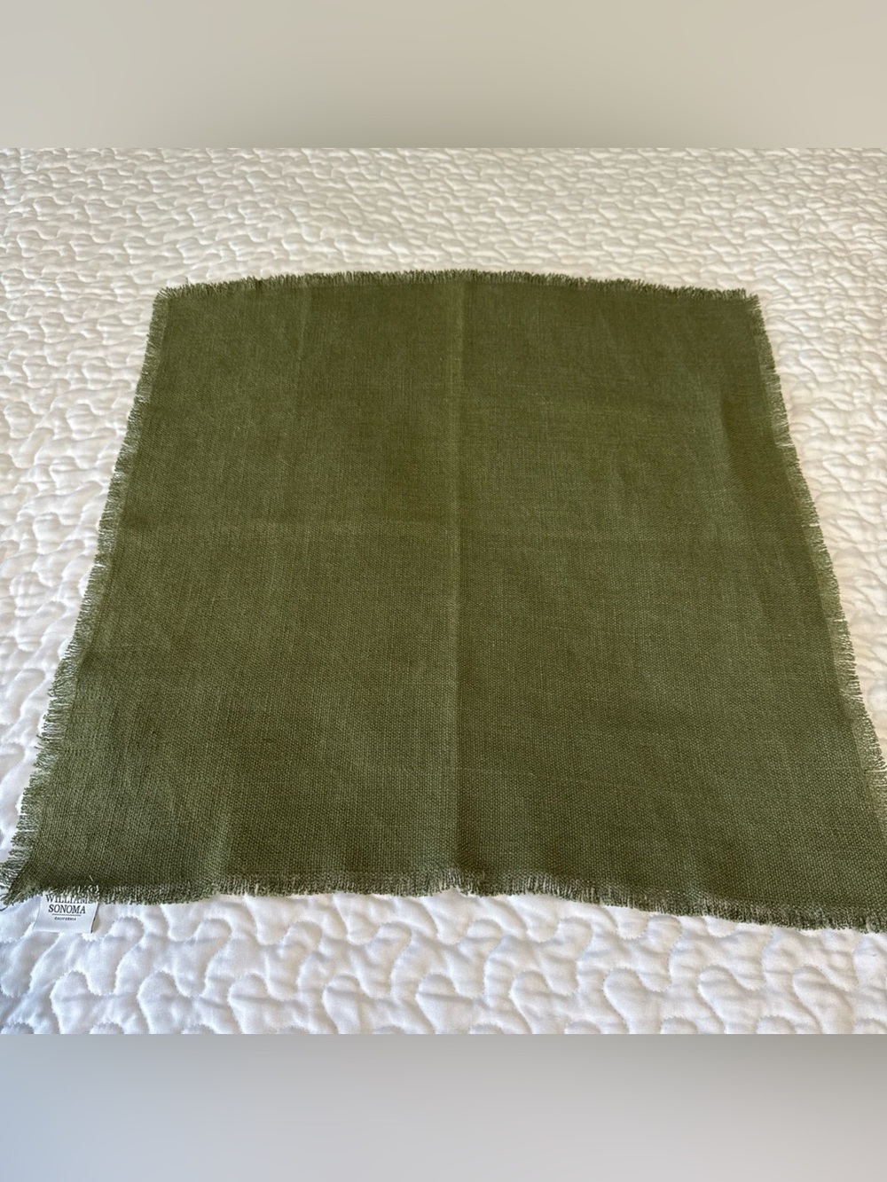 Williams Sonoma California Fringe Square One Linen Napkin Olive Green USA Made